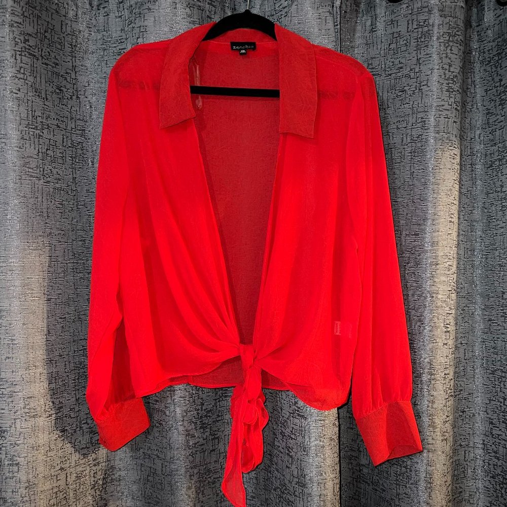 Red Mesh Collar Blouse